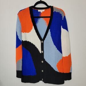 VINCE CAMUTO Colorblock Abstract Button Down V Neck Cardigan Sweater Art Small
